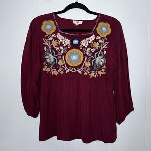 Entro Women’s Floral Embroidered Top Peasant Boho Burgundy Size Small